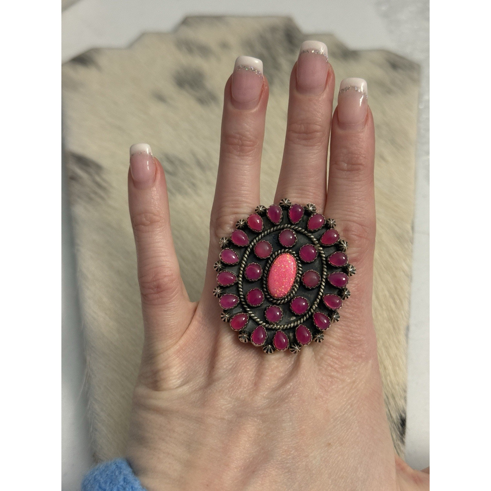 Huge Sterling Silver Pink Onyx & Pink Fire Opal Flower Cluster Ring 925 Adjust